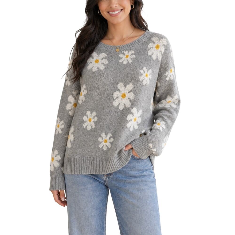 Aster Oversized Floral Daisy Knit Sweater Grey White Yellow Medium